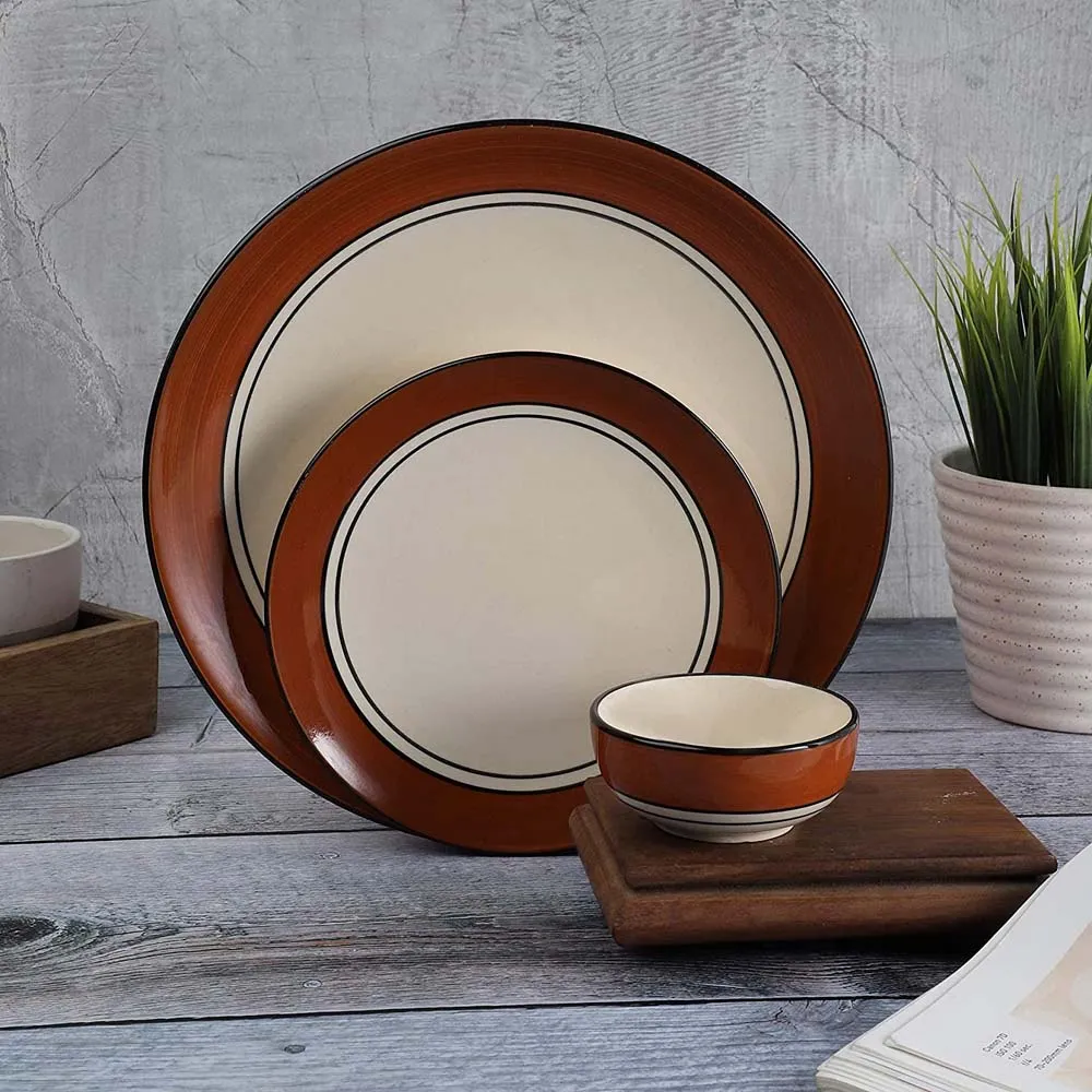 Brown Bordered Cream Serving Plate With Single Serving Bowl Dinnerware Set