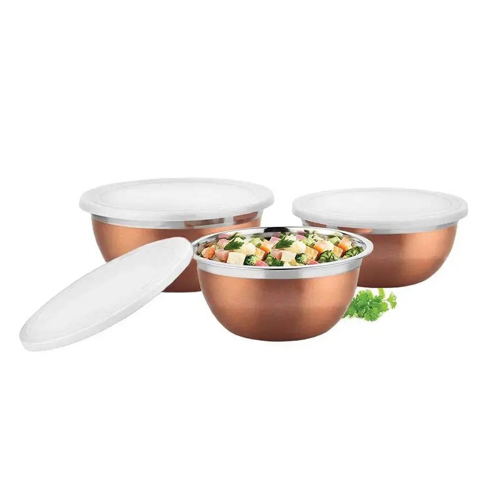 Brown Coated Stainless Steel German Mixing Bowl Set With Lid Set Of 3