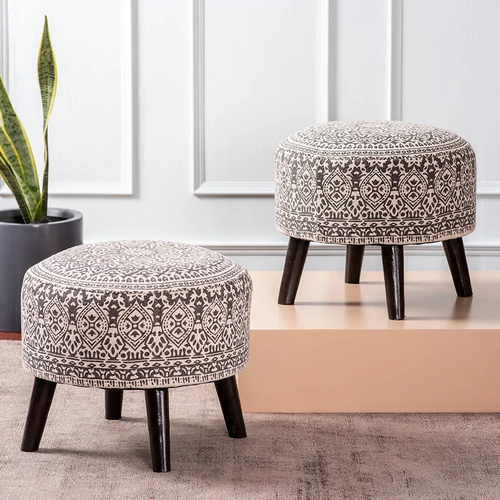 Brown Ethnic Print Round Upholstered Ottoman Wood Stool Set Of 2