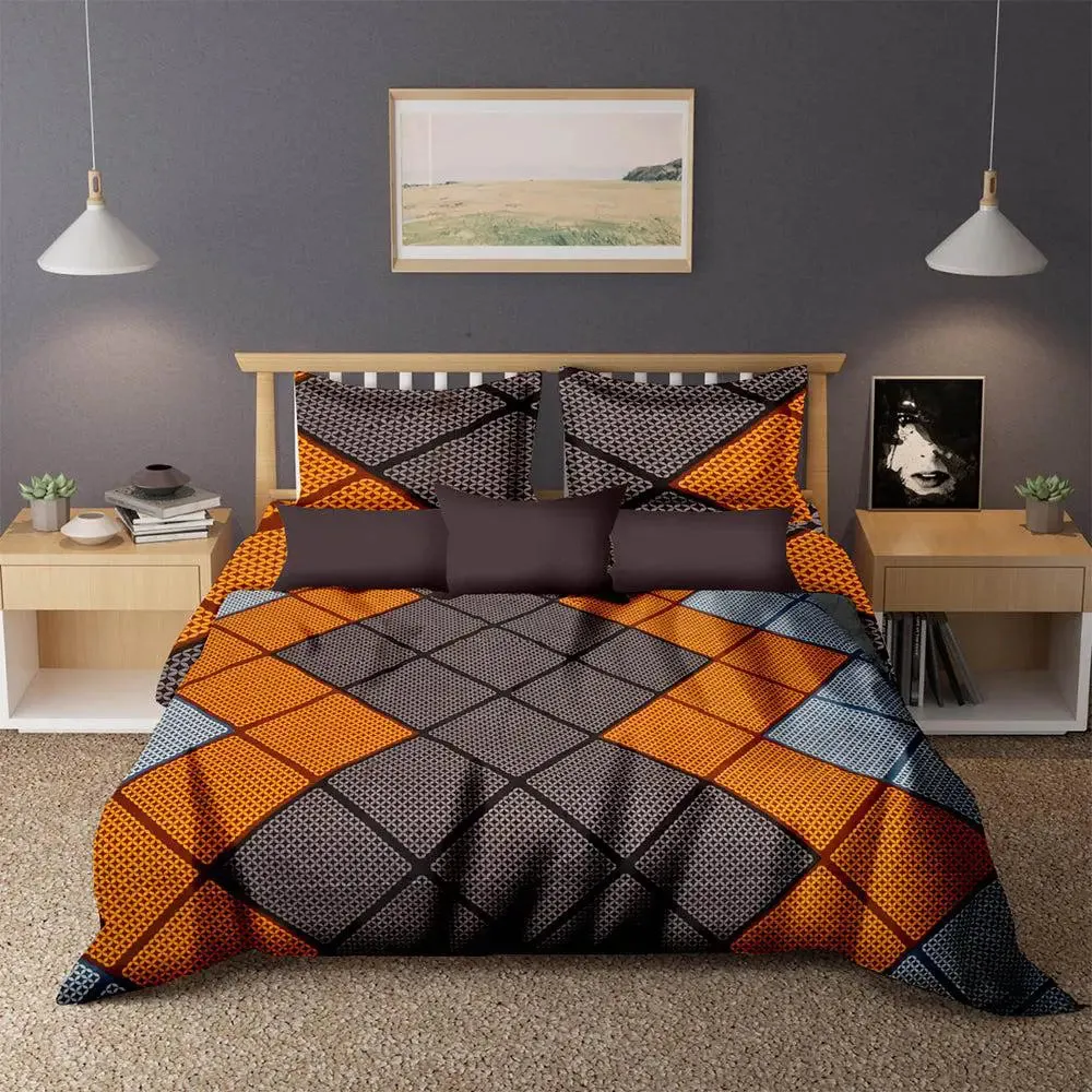Brown & Orange Square Printed Cotton Double Bedsheet With 2 Pillow Covers
