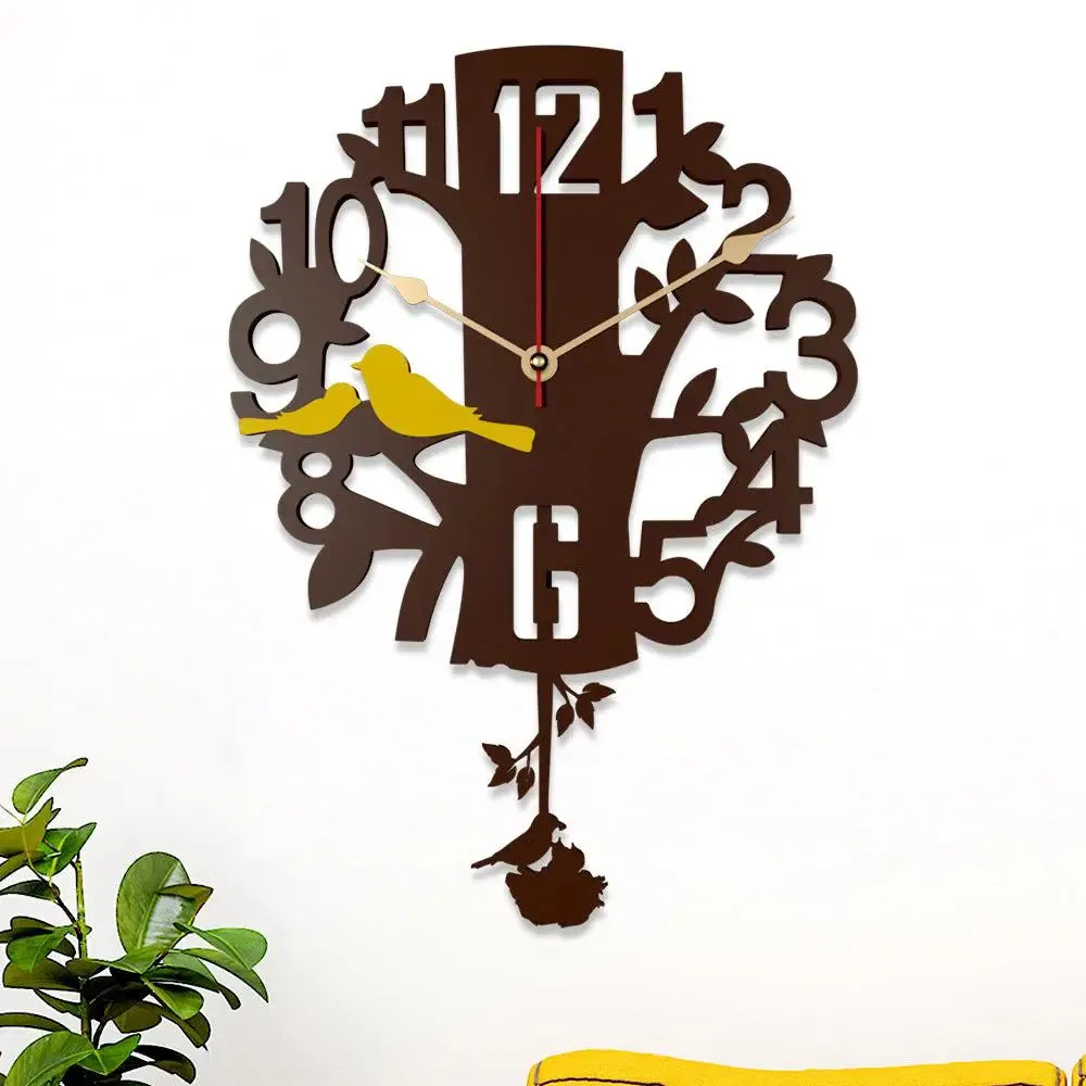 Brown Tree along with Yellow birds Wooden Pendulum Wall Clock