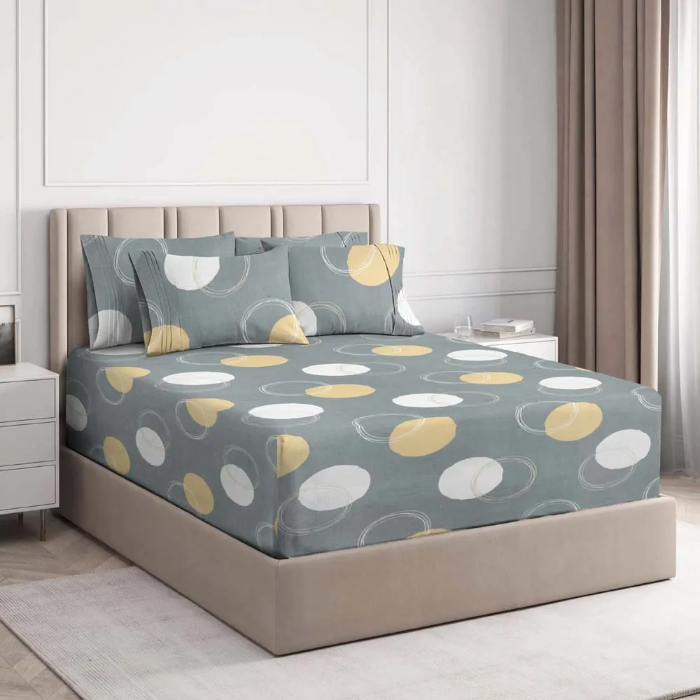 BSB Home Circular Pattern Grey Printed Cotton Double Fitted Bedsheet