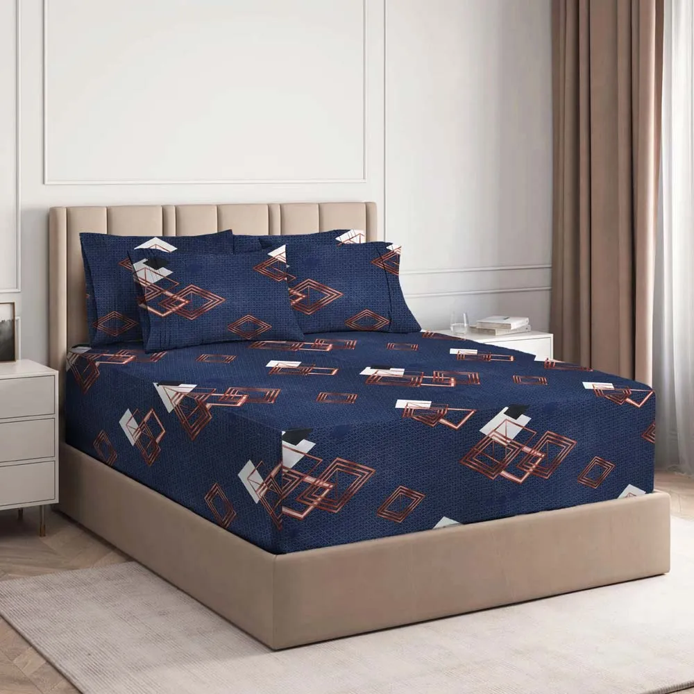 BSB Home Square Golden Designer Blue Cotton Double Fitted Bedsheet