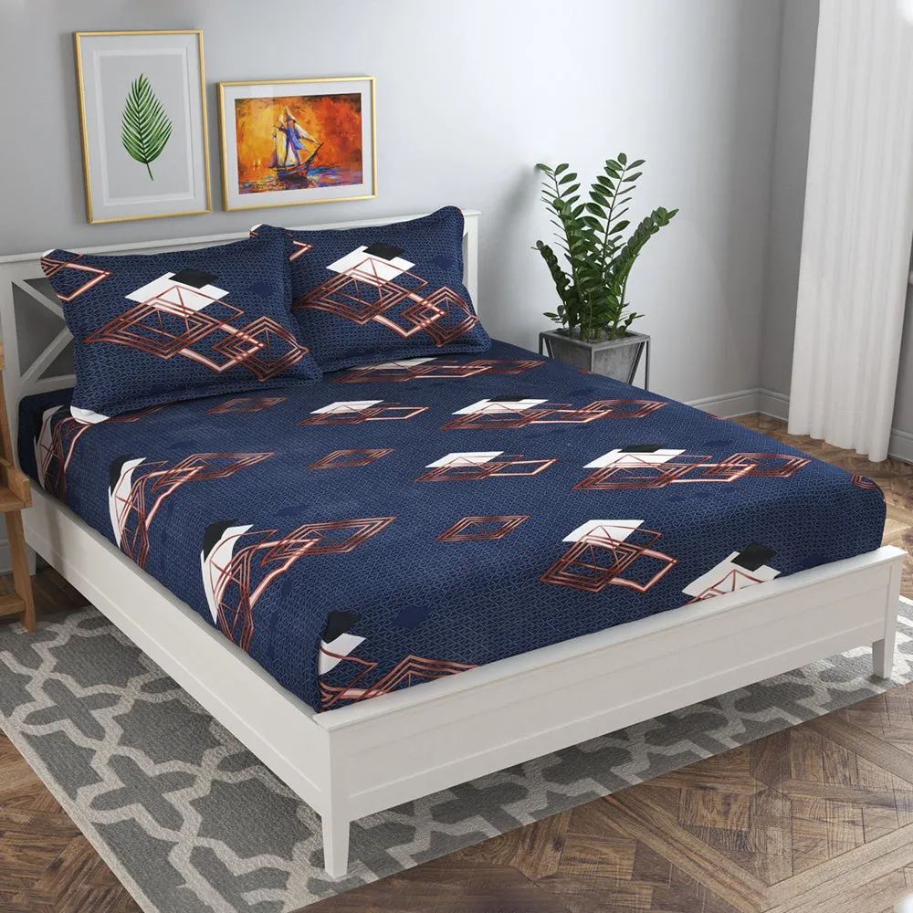 BSB Home Square Golden Designer Blue Microfiber Double Bedsheet