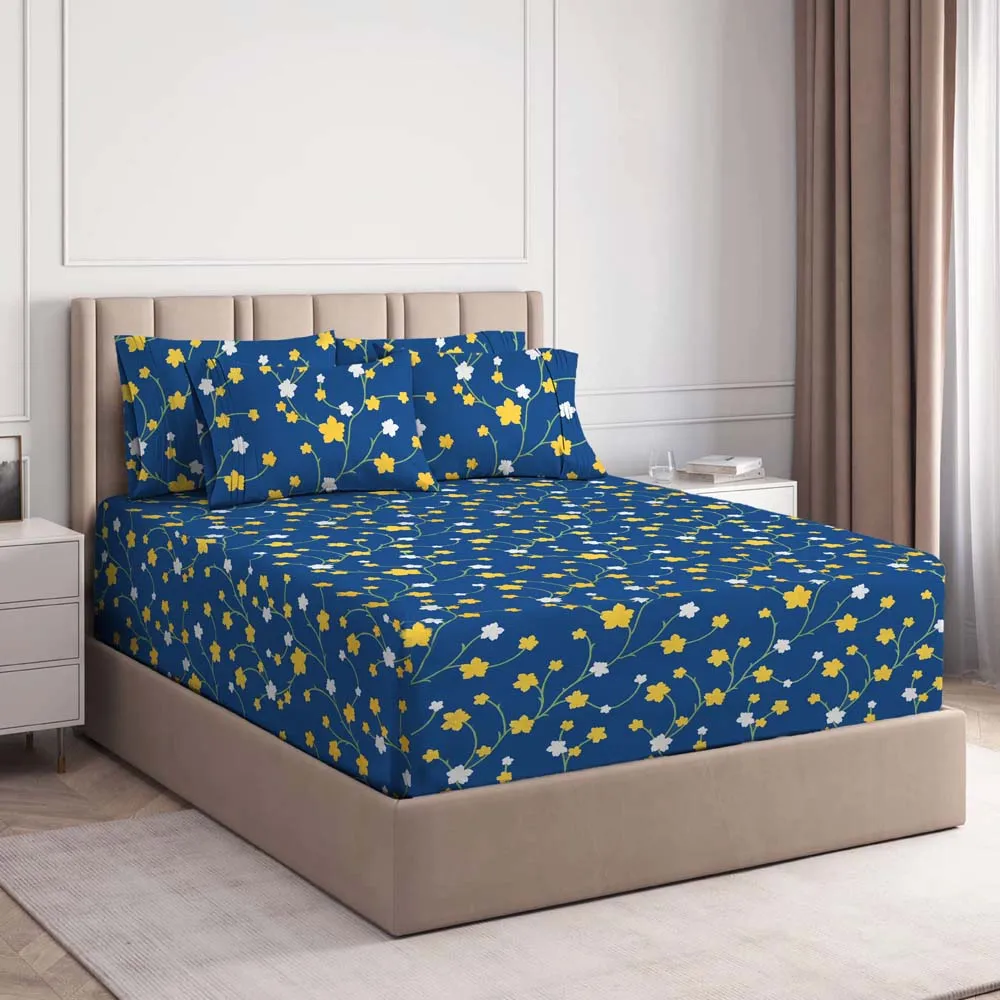 BSB Home Tangled Yellow Flowers Printed Blue Cotton Double Fitted Bedsheet