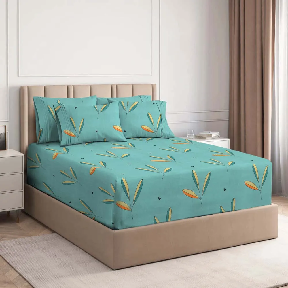 BSB Home Turquoise Leaves Printed Cotton Double Fitted Bedsheet