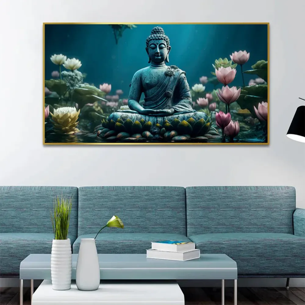 Buddha’s Tranquil Meditation Amidst Blue and Pink Lotus