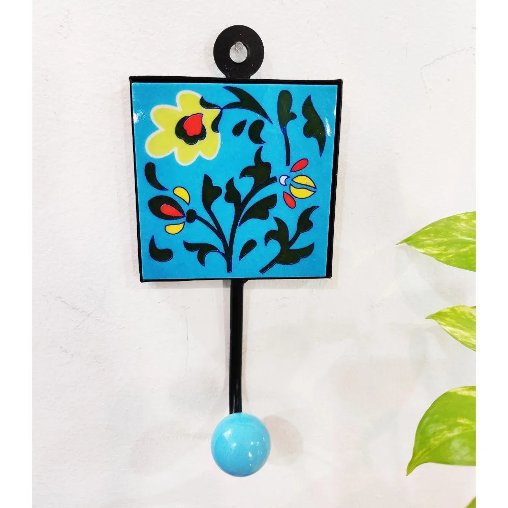 Ceramic Blue Wrought Iron Wall Hook  - Set of 2