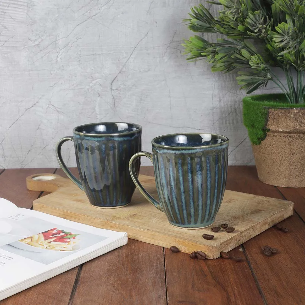 Ceramic Green Handcrafted Dual Glazed Studio Pottery Coffee Mugs Set Of 2