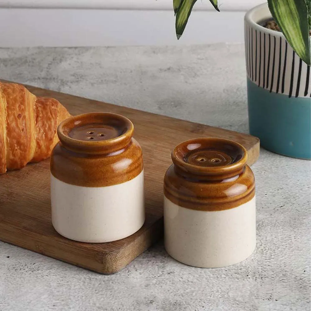 Ceramic Off-White & Brown Salt & Pepper Set Of 2