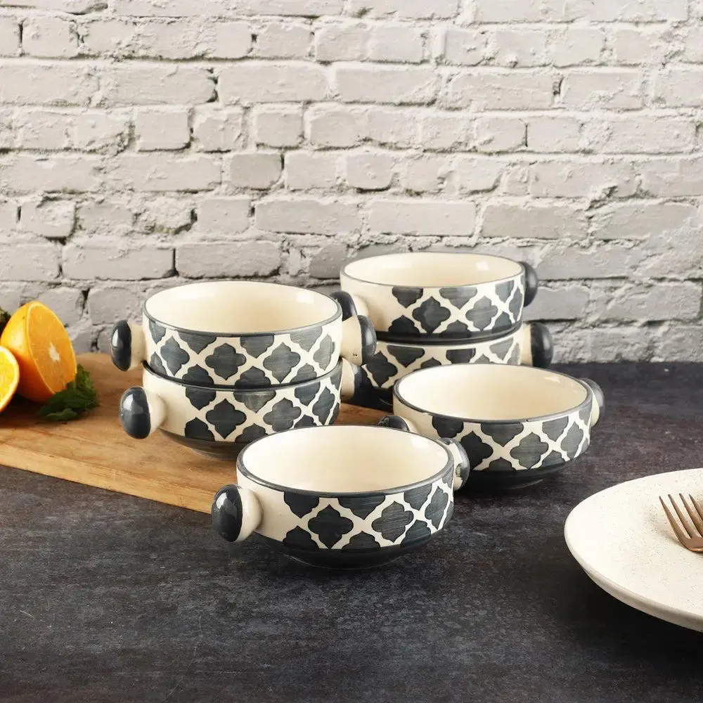 Charcoal Abstract Mughal Designer Ceramic Bowl Set With Handle Set Of 6