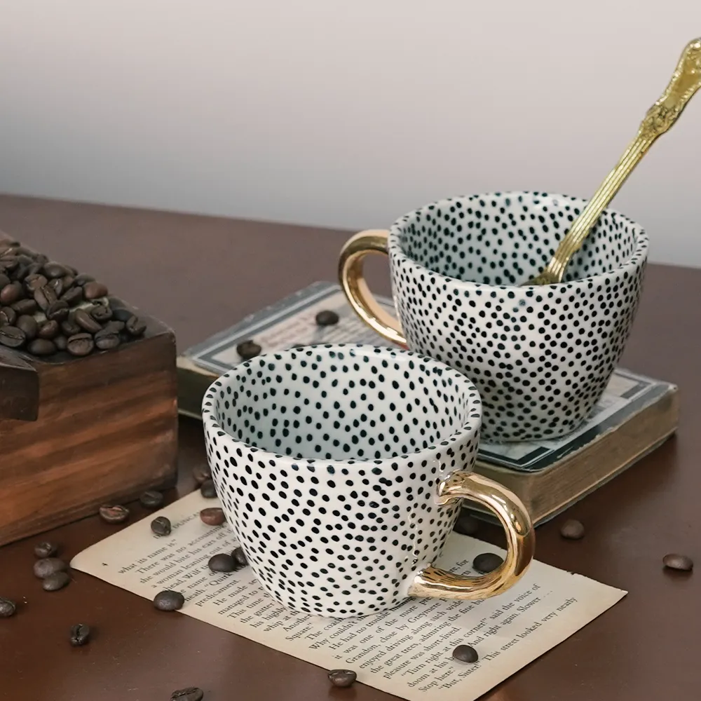 Charlotte Polka Ceramic Tea Cups With Gold Handle Set of 2