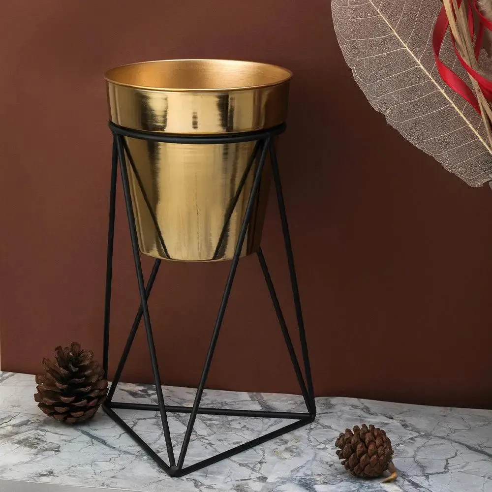 Chic Metal Flower Pot Stand with Gold Pot & Black Triangular Stand