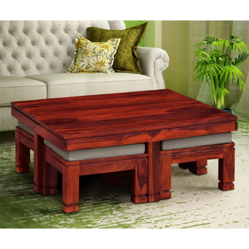 Chocolate Brown Solid Sheesham Wood Centre Table With 4 Stools