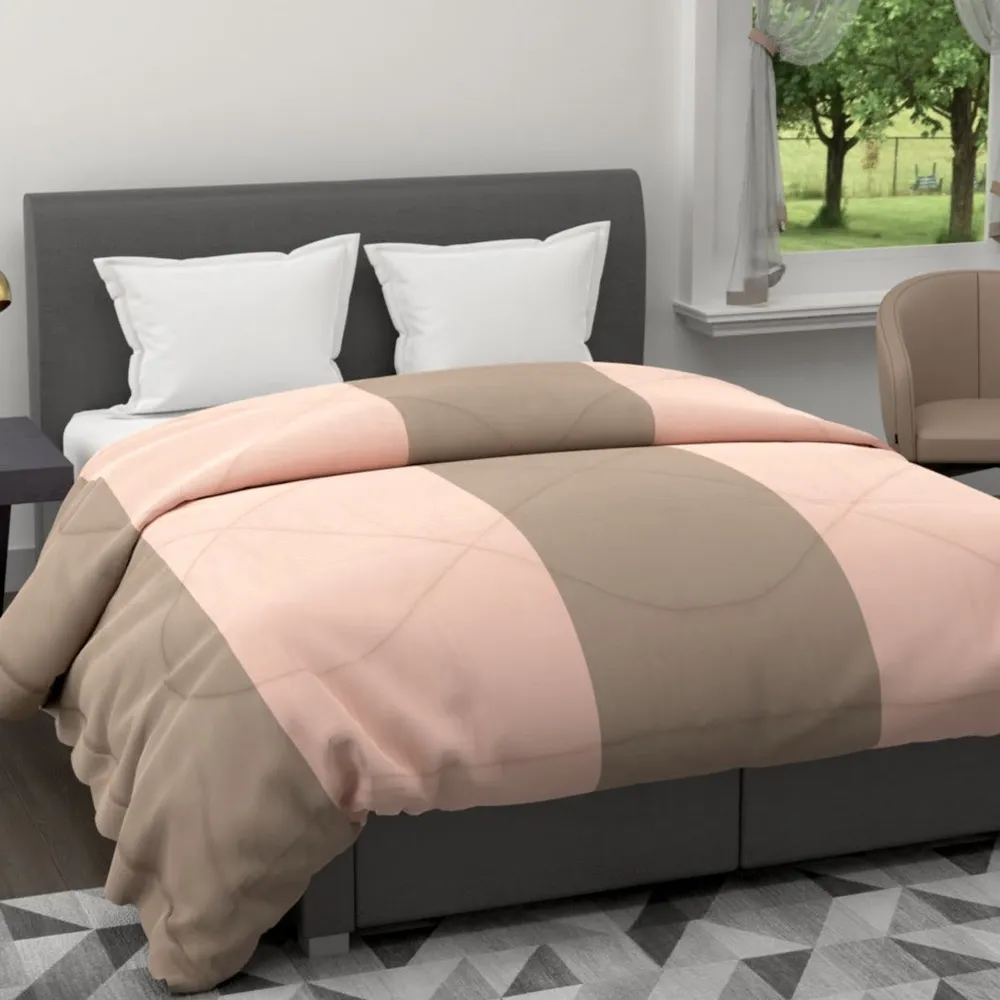 Clasiko Beige & Peach Striped King Size Double Bed Reversible Comforter- 220 GSM