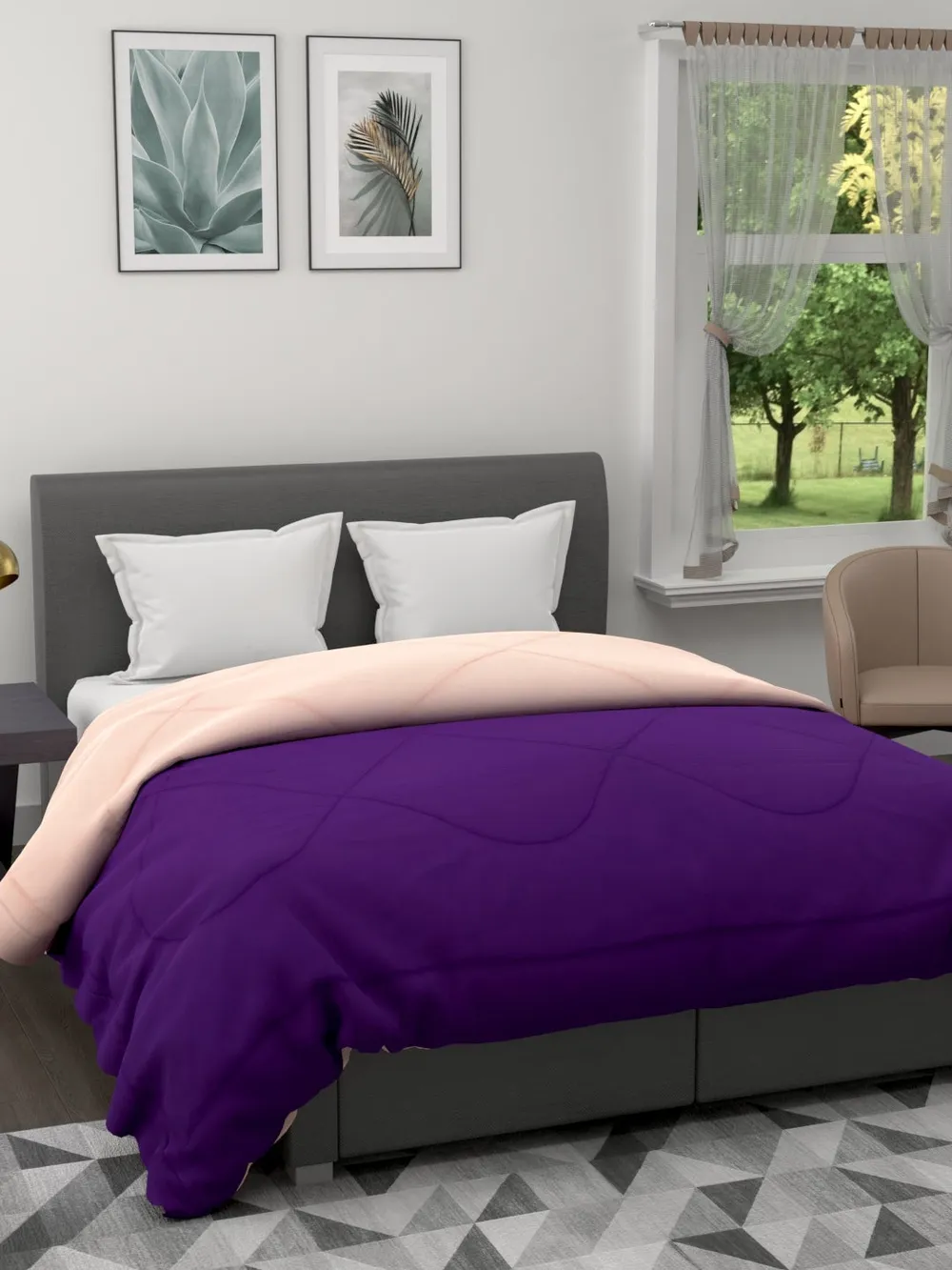 Clasiko Beige & Violet King Size Double Bed Reversible Comforter- 220 GSM
