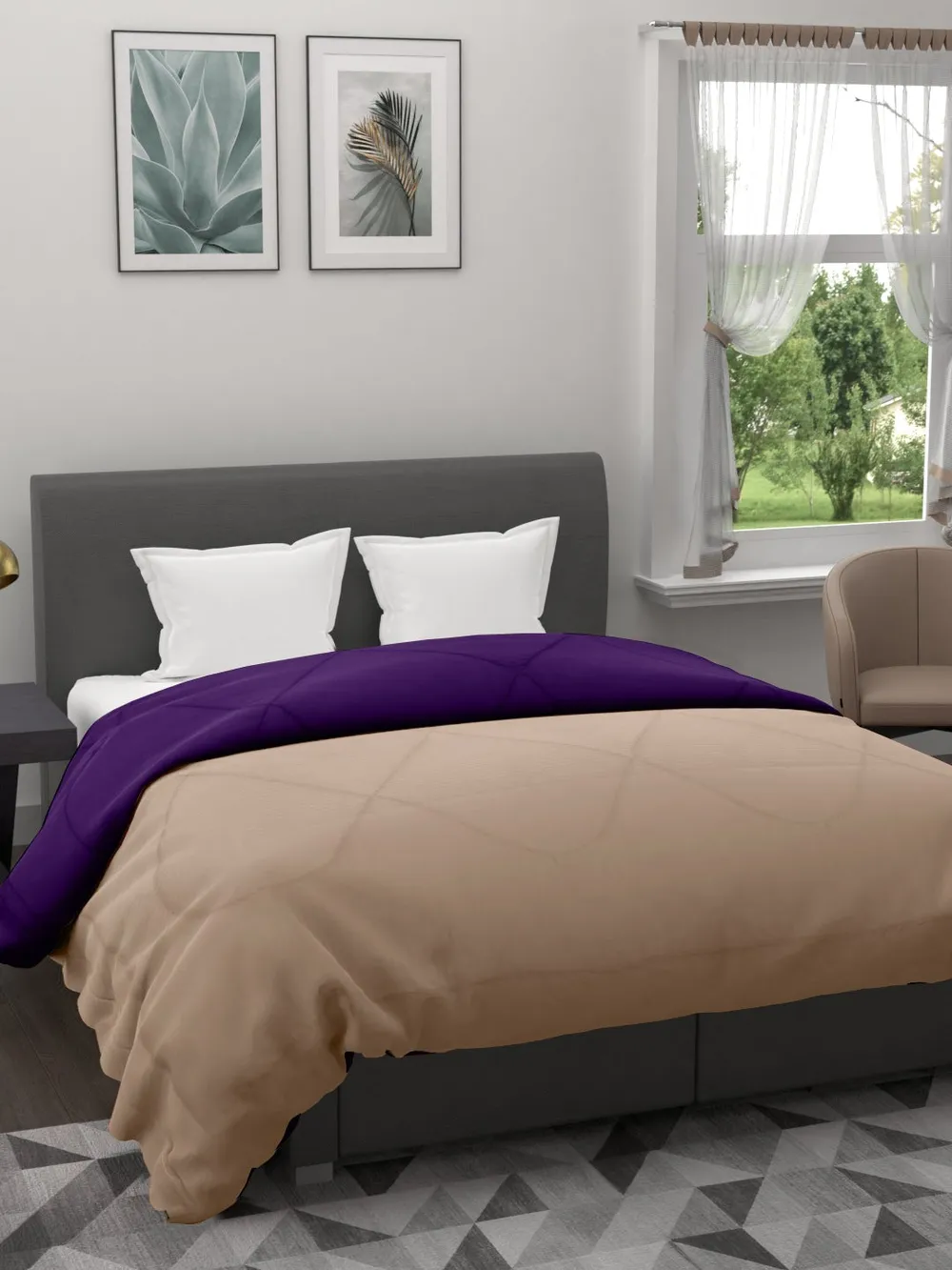 Clasiko Beige & Violet King Size Double Bed Reversible Comforter- 220 GSM