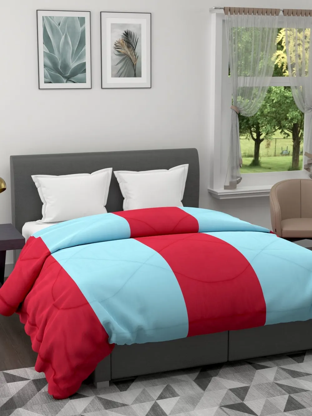 Clasiko Crimson Red & Sky Blue Striped King Size Double Bed Reversible Comforter- 220 GSM
