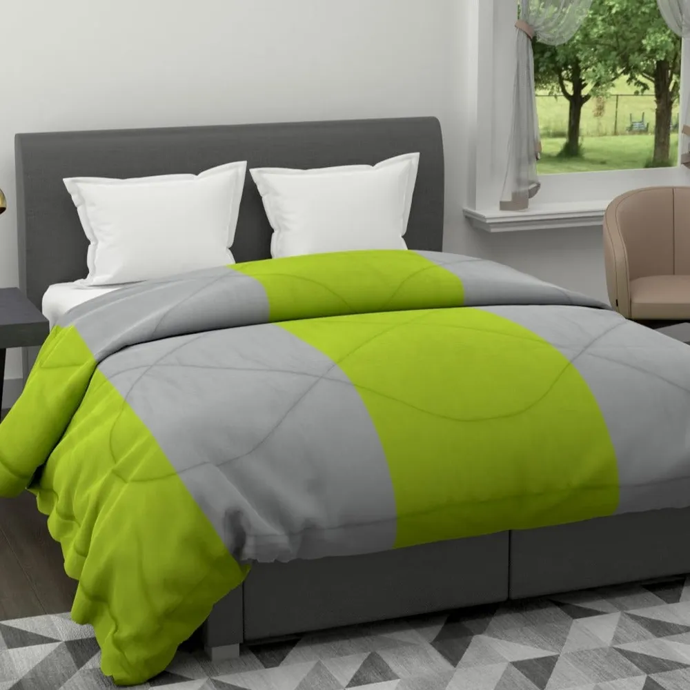 Clasiko Neon Green & Grey Striped King Size Double Bed Reversible Comforter- 220 GSM