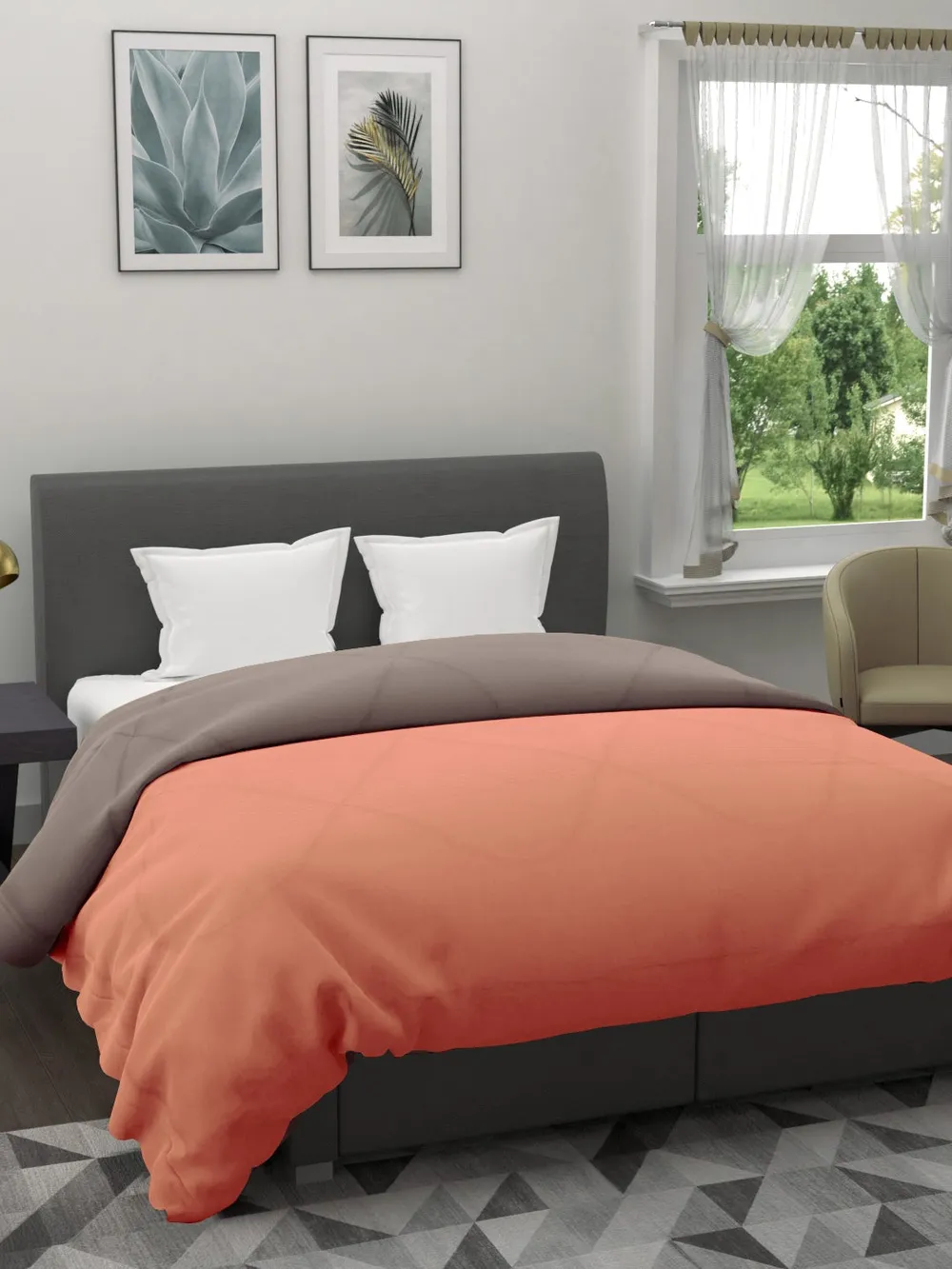 Clasiko Orange & Brown King Size Double Bed Reversible Comforter- 220 GSM