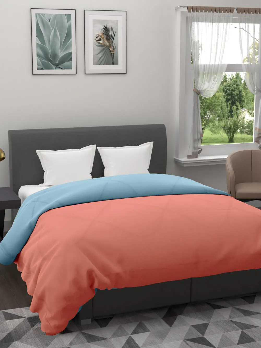 Clasiko Orange & Sky Blue King Size Double Bed Reversible Comforter- 220 GSM