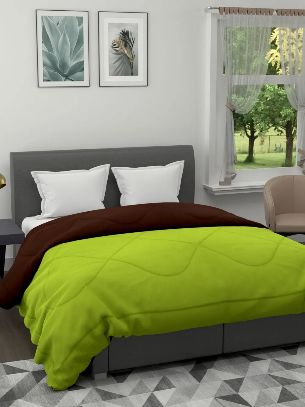 Clasiko Plush Green & Brown King Size Double Bed Reversible Comforter- 220 GSM