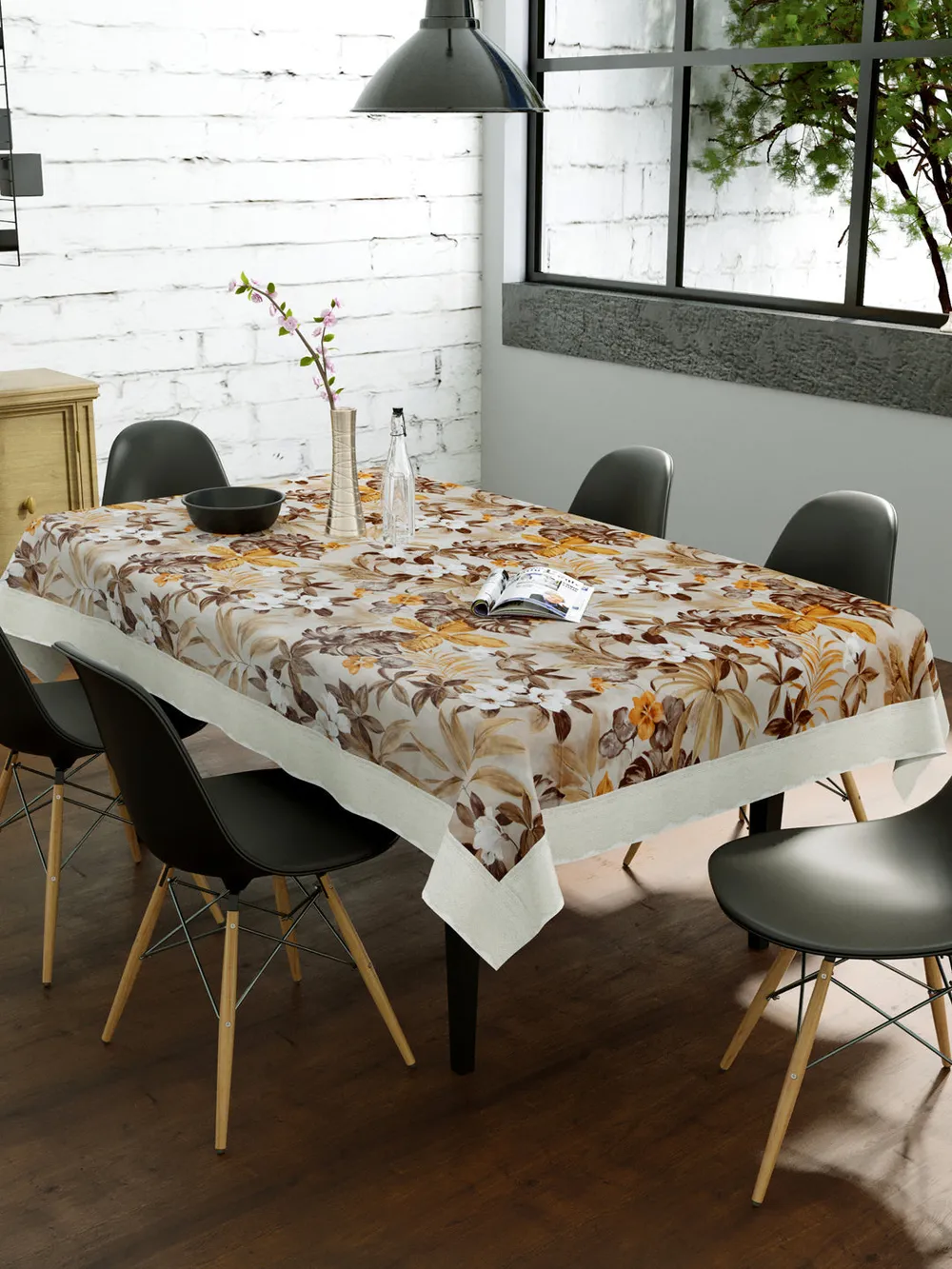 Clasiko Timeless Designer Floral 6-Seater Table Cover in Brown & Yellow