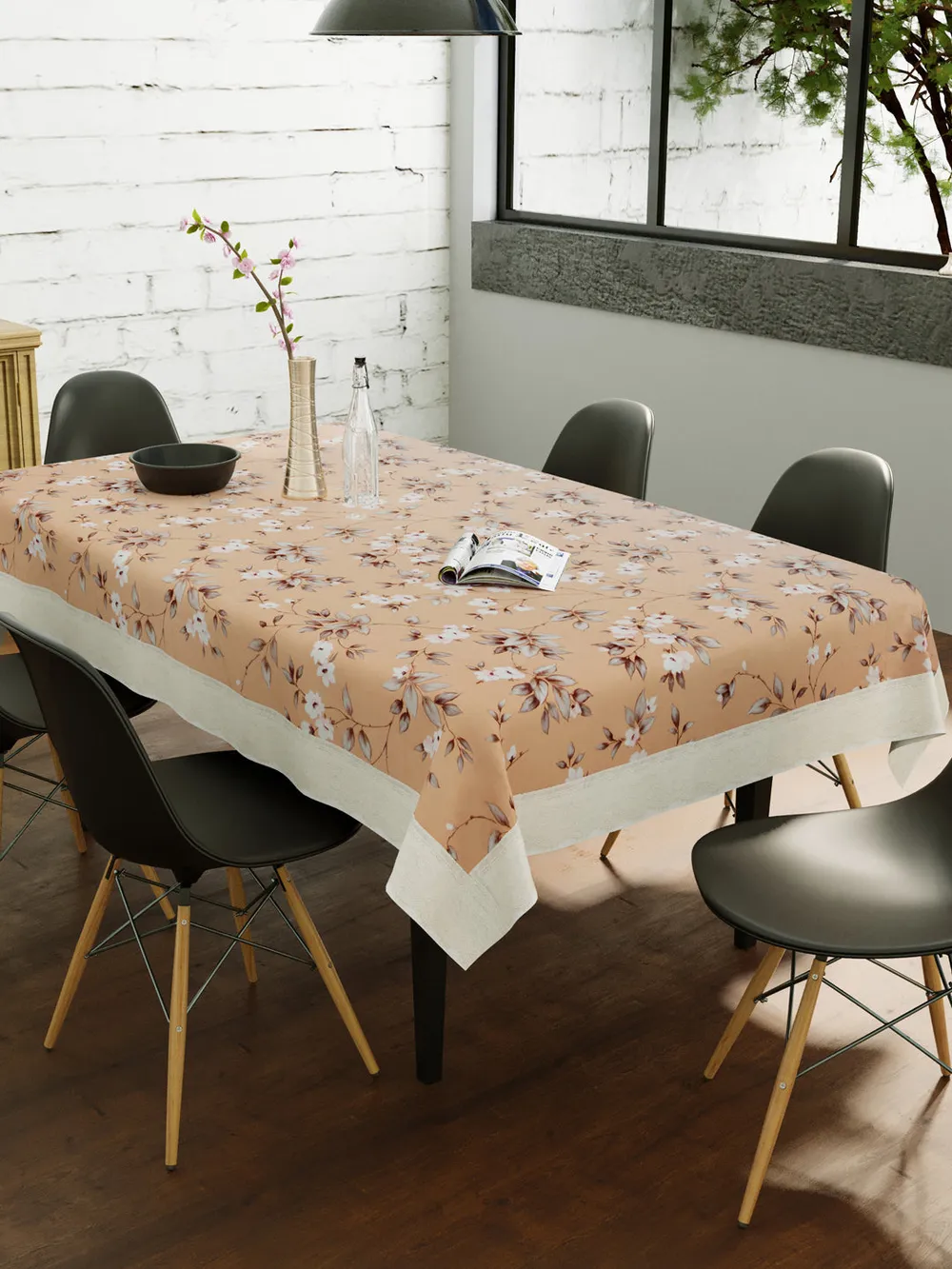 Clasiko Timeless Designer Floral 6-Seater Table Cover in Peach