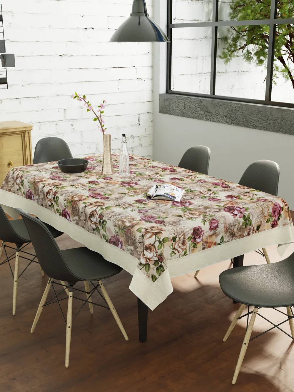 Clasiko Timeless Designer Floral Pink & Brown 6-Seater Table Cover