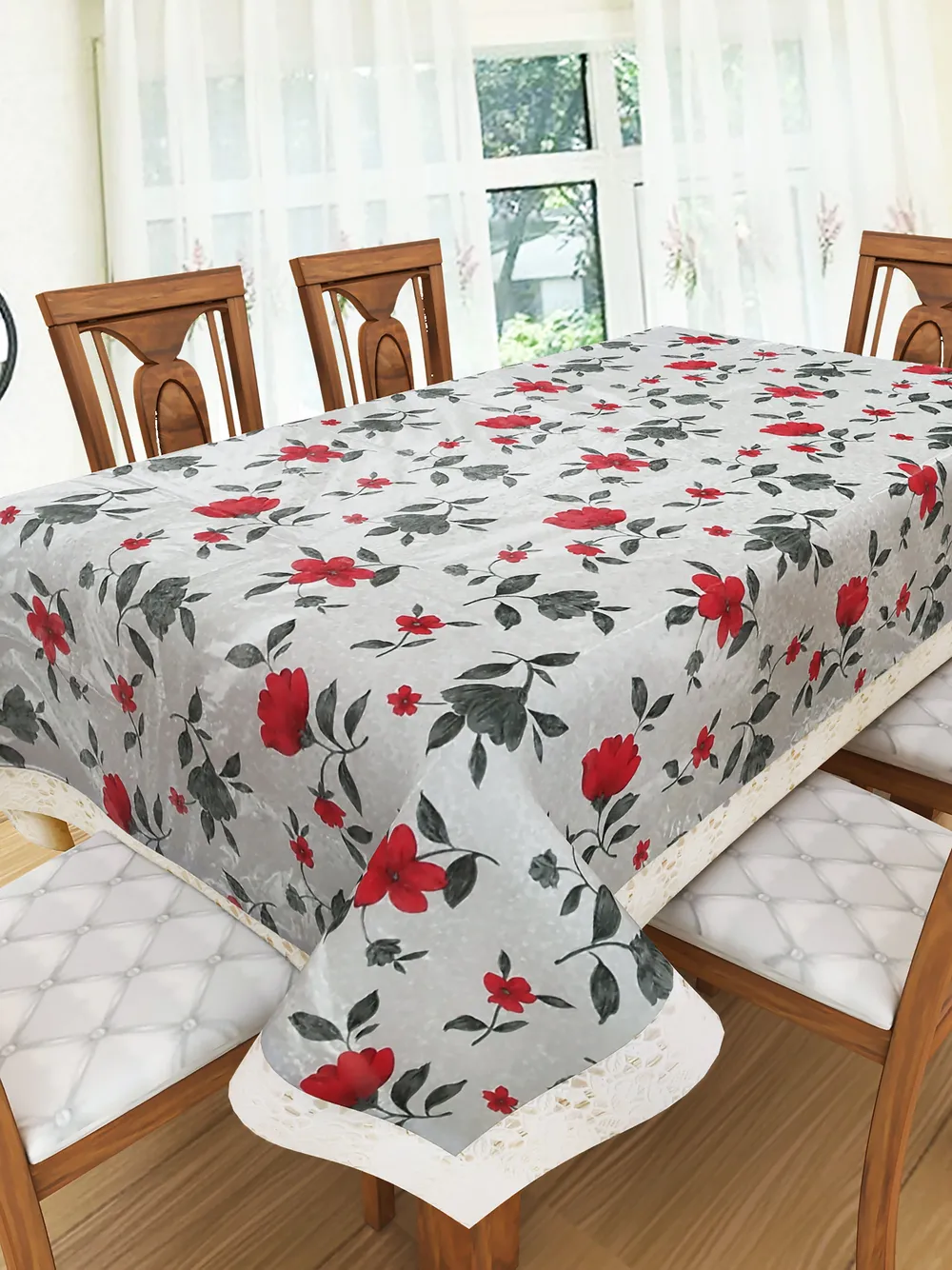 Clasiko Timeless Designer Grey & Red Floral 6-Seater Table Cover