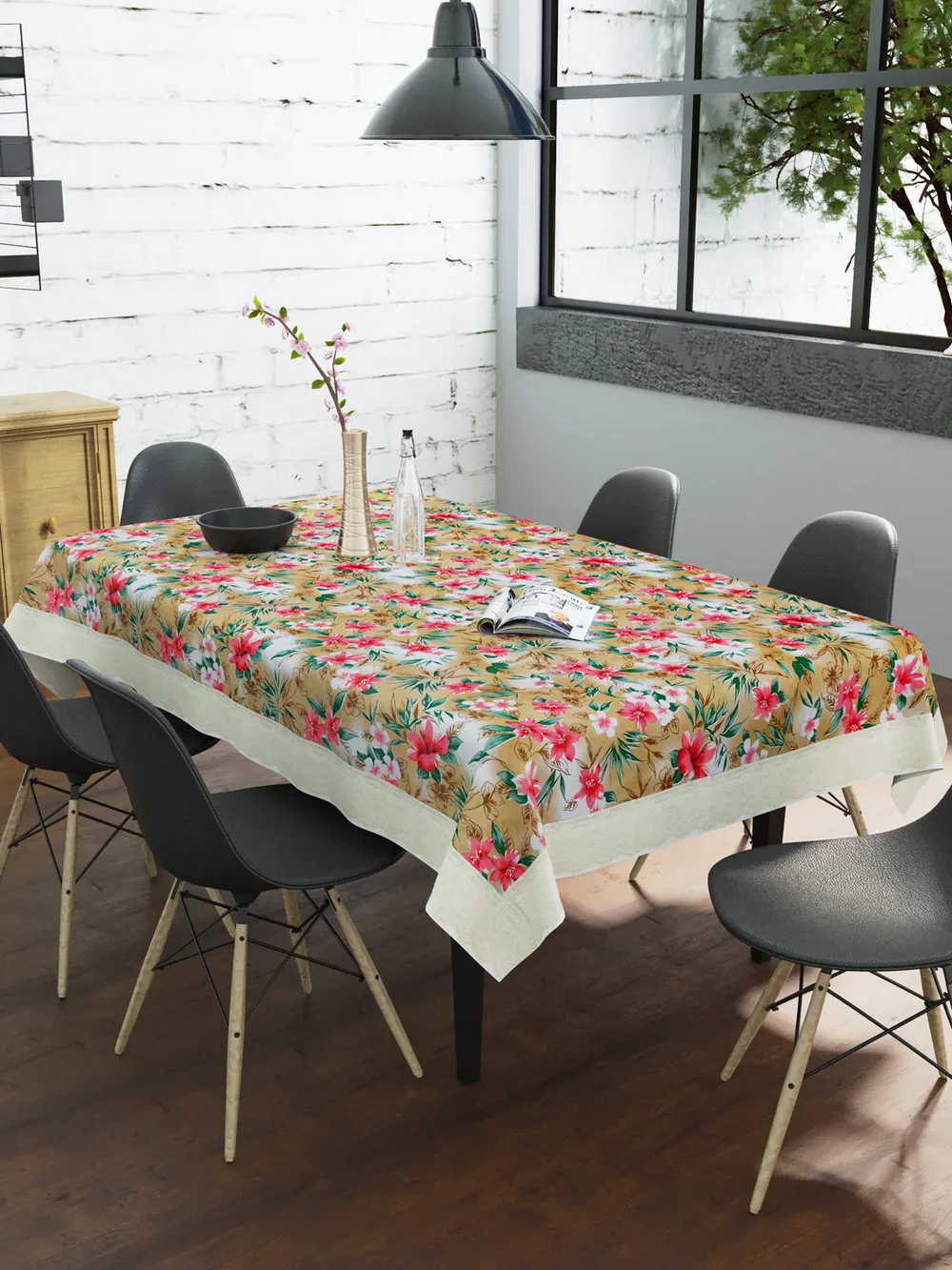 Clasiko Timeless Designer Pink & Mustard Lily 6-Seater Table Cover