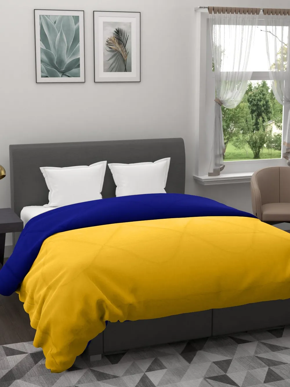 Clasiko Yellow & Blue King Size Double Bed Reversible Comforter- 220 GSM