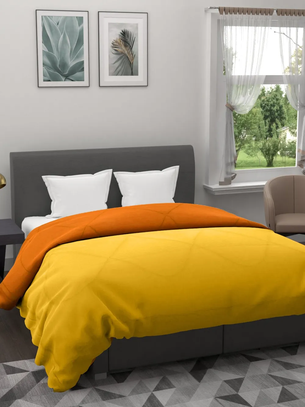 Clasiko Yellow & Orange King Size Double Bed Reversible Comforter- 220 GSM