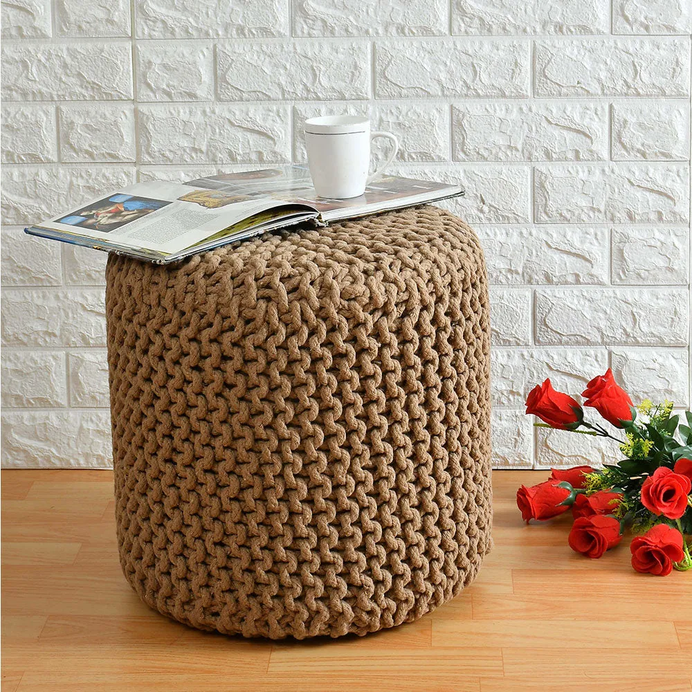 Classic Beige Solid Cotton Knitted Pouffe