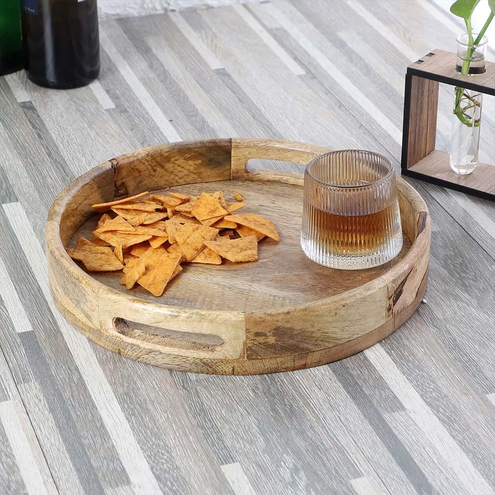 Classic Circular Premium Wooden Serving Tray with Handles