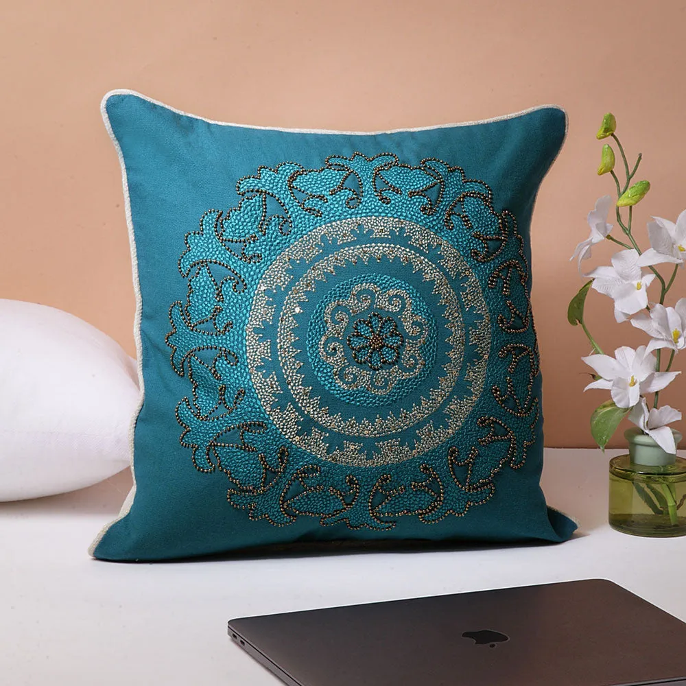 Classic Embroidered Peacock Blue 100% Cotton Cushion Cover Set Of 1