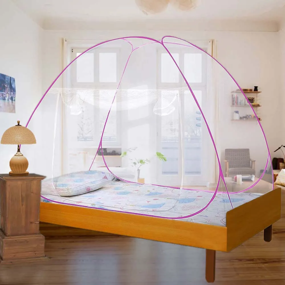 Classic Foldable Single Bed Pink Polyester Mosquito Net