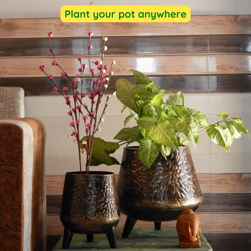 Classic Gold & Black Leaf Textured Set Set of 2 Indoor Metal Plant Stand with Pot