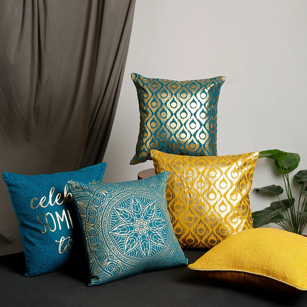 Classic Golden Foil Printed Set of 5 100% Cotton Cushion Covers