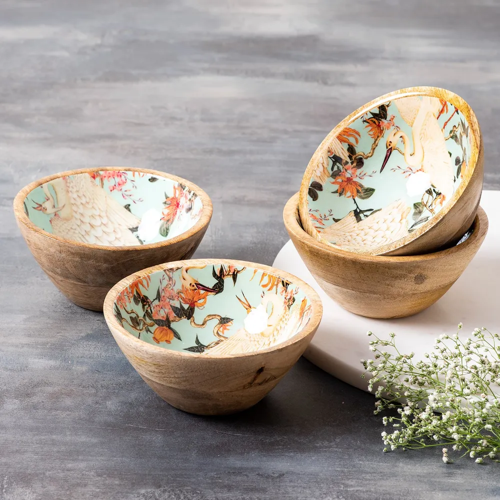 Classic Green Flamingo Printed Wood Serving Bowl Set Of 4