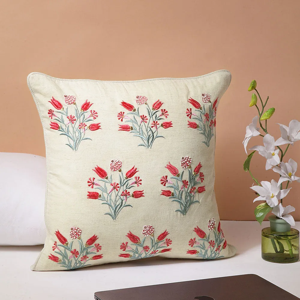 Classic Off-White Floral 100% Cotton Embroidered Cushion Cover Set Of 1