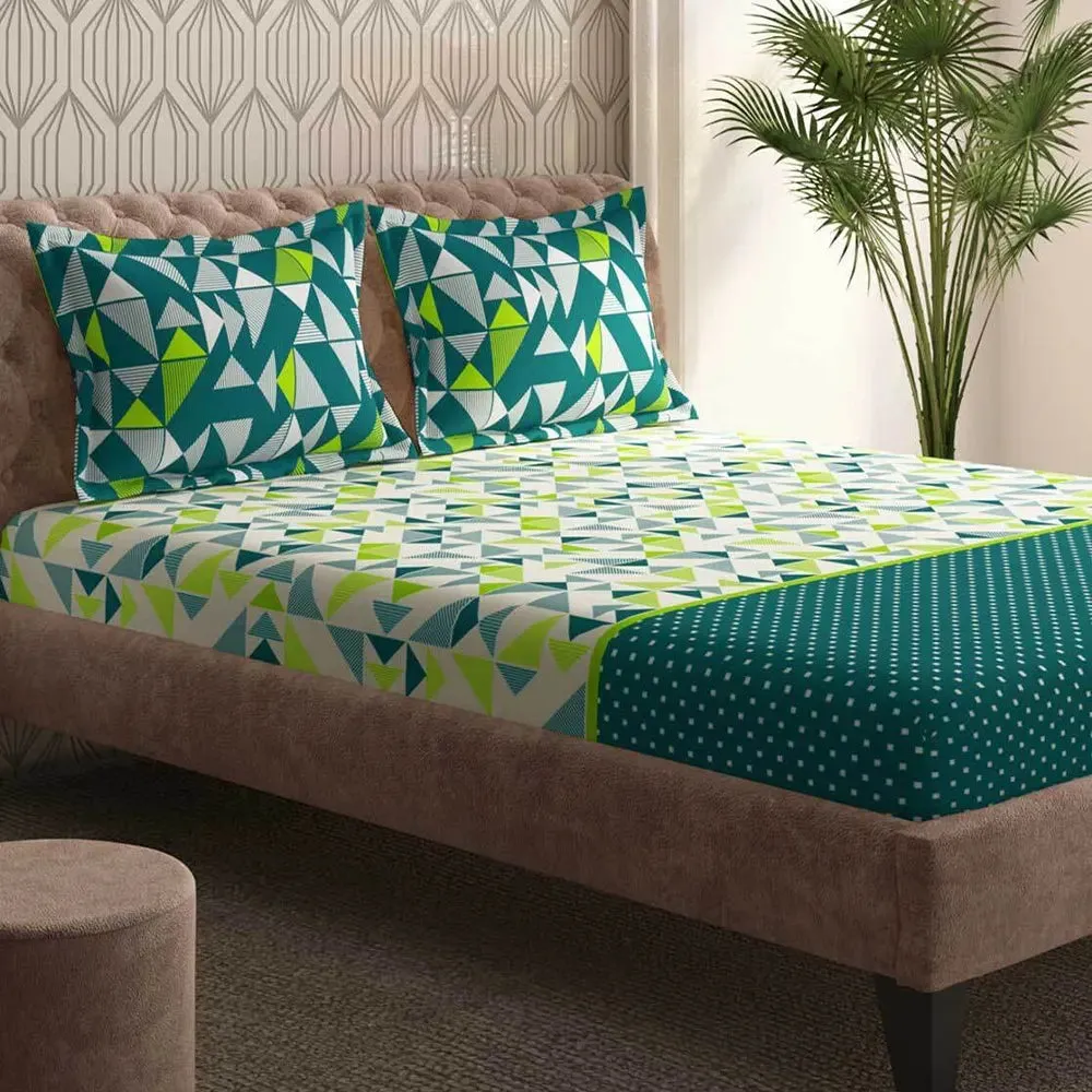 Classy Geometric Printed Magnum Super Soft Cotton King Size Bedsheet with 2 Pillow Covers - 300 Thread Count (Green)
