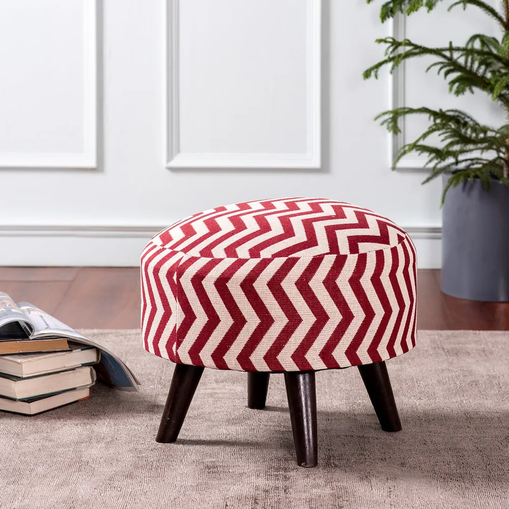 Classy Zig Zag Print Woven Jacquard Red& White Cotton Upholstered Ottoman Wood Stool