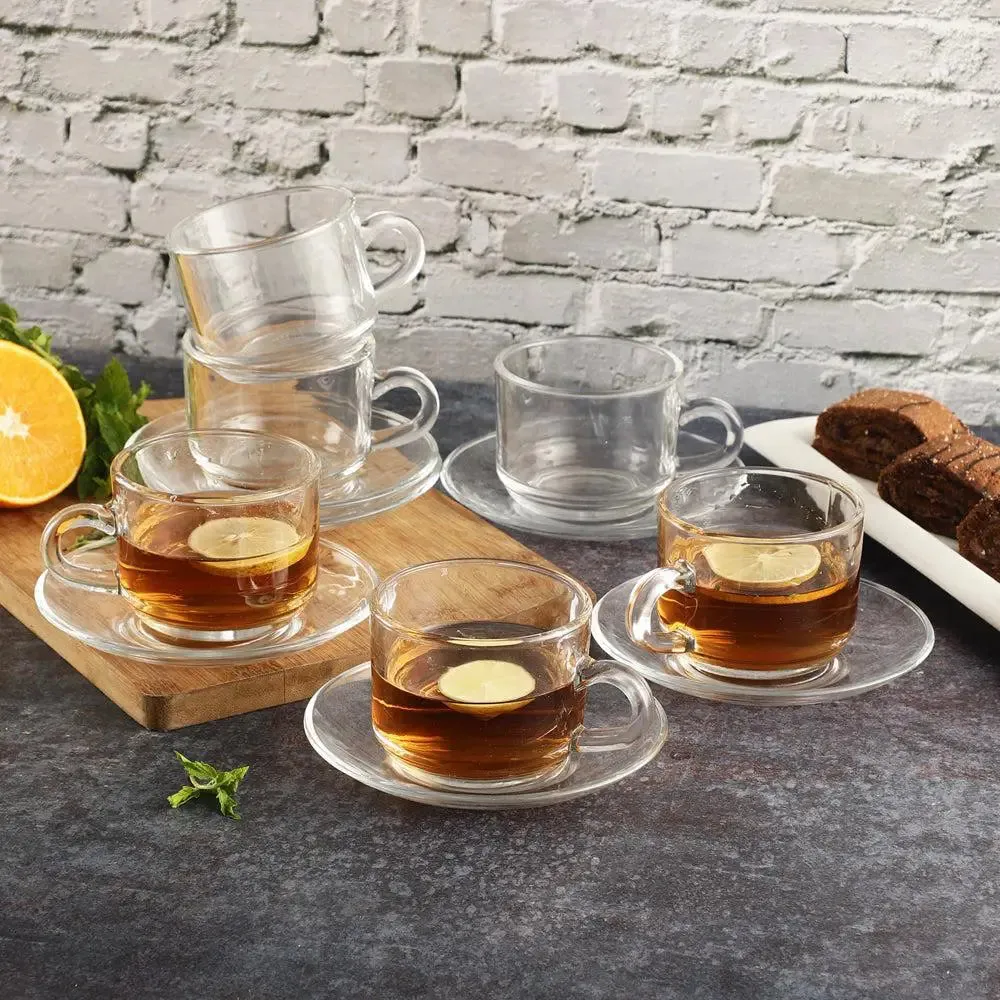 Clear Glass Standard Tea Cups With Saucers Set Of  6 (150 ml)