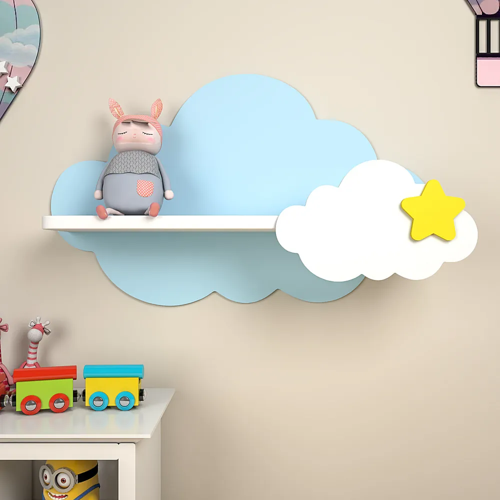 Cloud-Shaped Wooden Wall Shelf for Kids (Blue &amp; White)