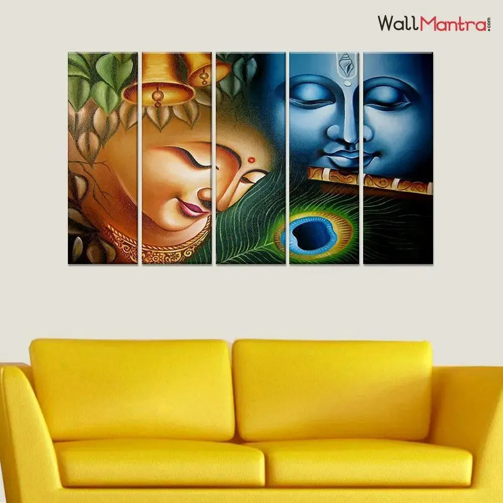 Colorful Radha Krishna Spiritual 5 Pieces Wall Painting for Living Room, Bedroom, Office Decoration