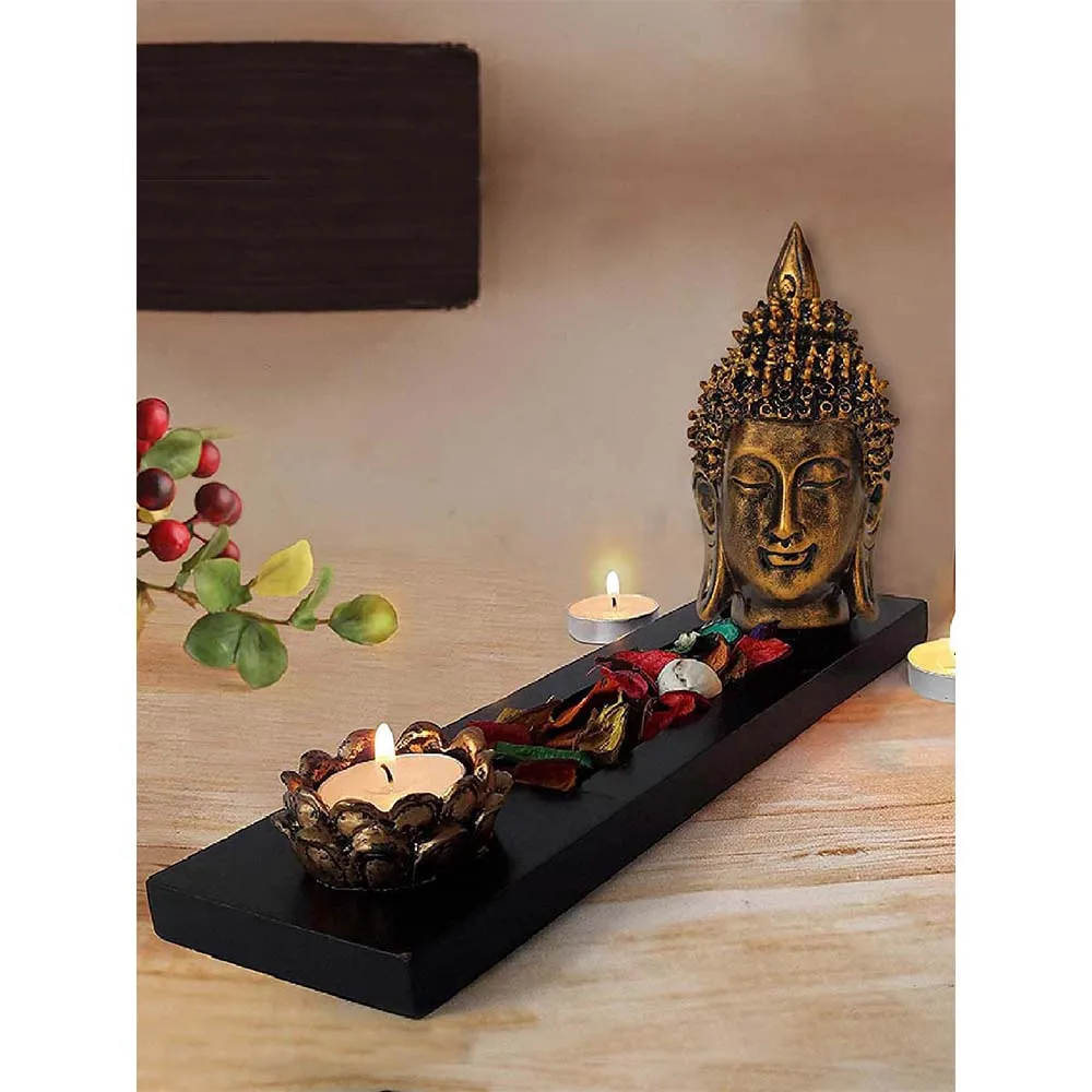 Combo Of Decorative Buddha Head Showpiece With Tray, Candle Holders & Potpourri Flowers