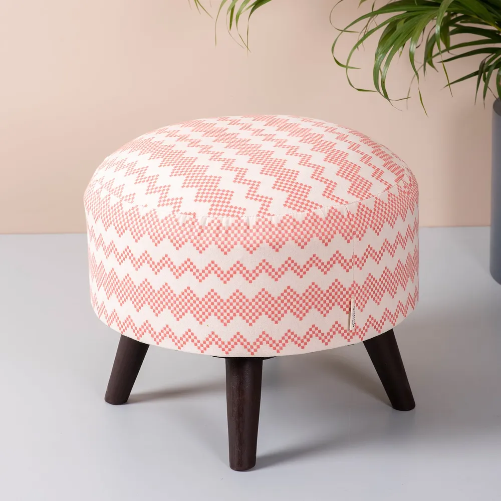 Contemporary Print Pink & White Woven Jacquard Cotton Ottoman Wood Stool Set Of 2
