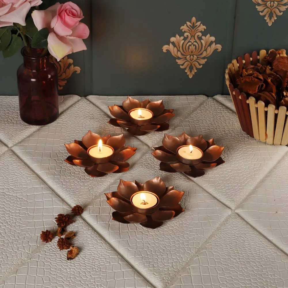 Copper Blooming Flowers Tea Light Candle Holders Set Of 4