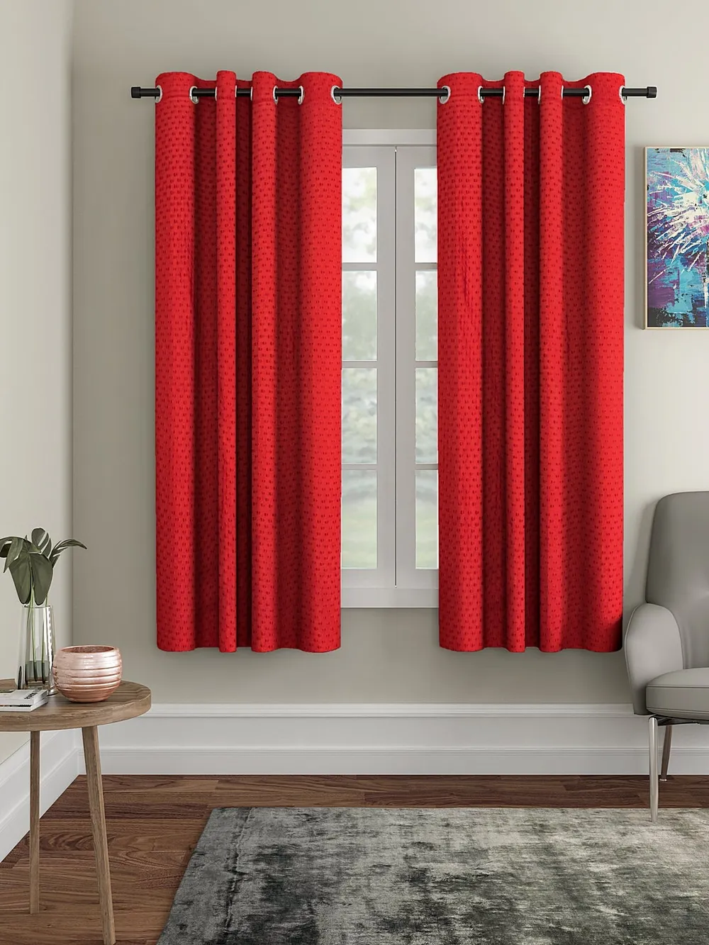 Cortina Coral Red Designer Eyelet Window Curtain Pack Of 2
